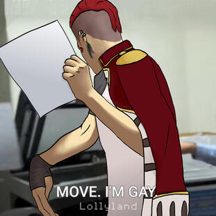 Dibujo del meme de un chaval apartando a otro de una impresora diciendo "move, I'm gay" con Scarlet David de RWBY.